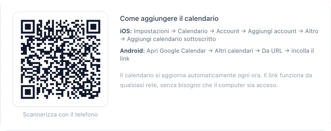Codice QR e istruzioni per aggiungere il calendario delle visite al telefono