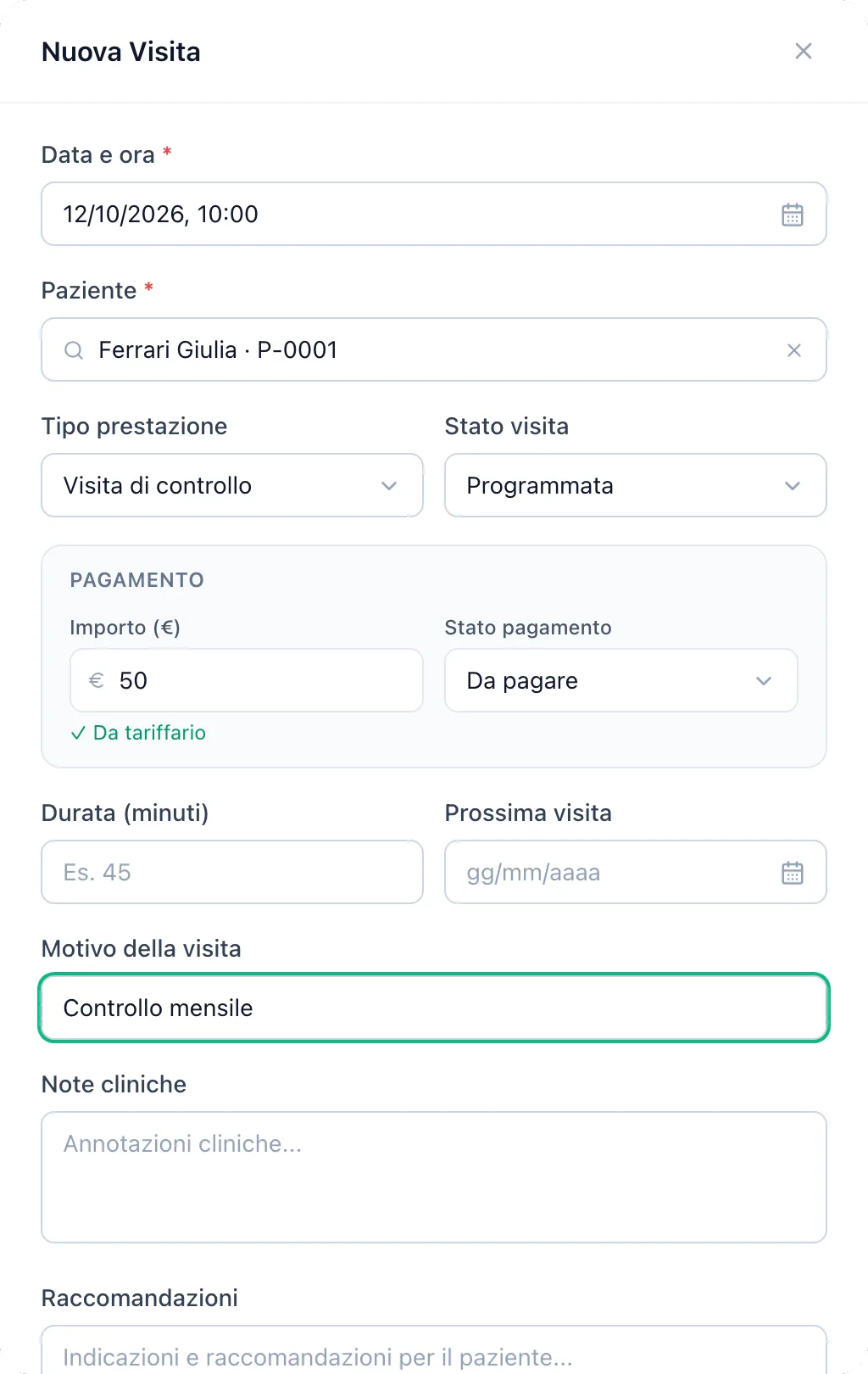 Finestra di una nuova visita con paziente, prestazione e importo