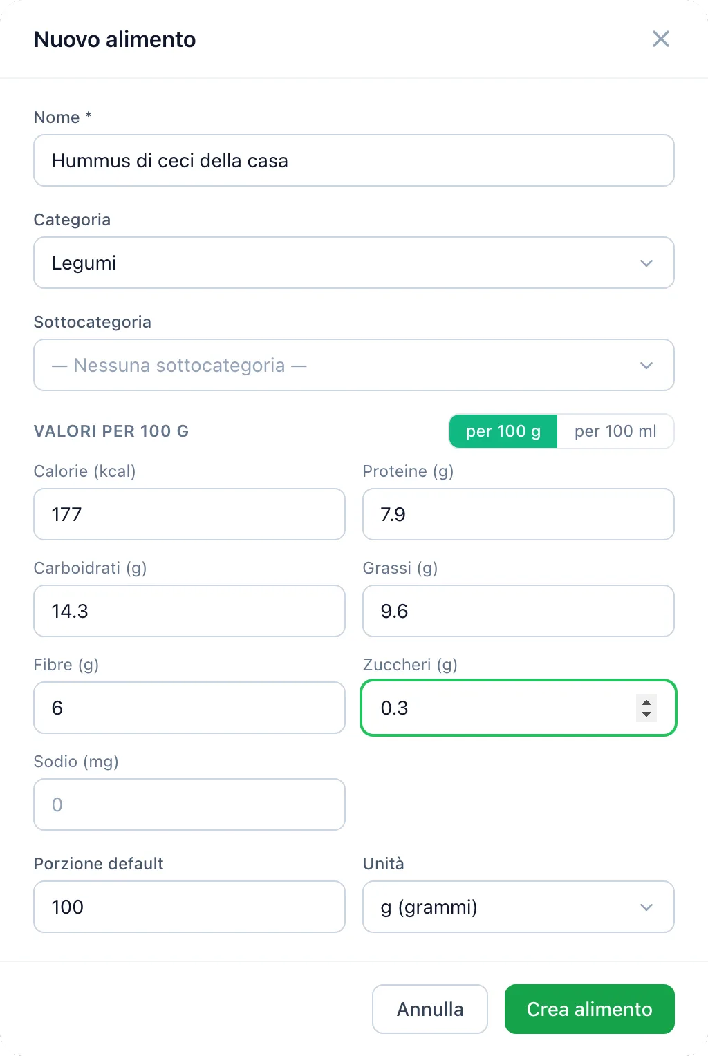 Creazione di un nuovo alimento personale