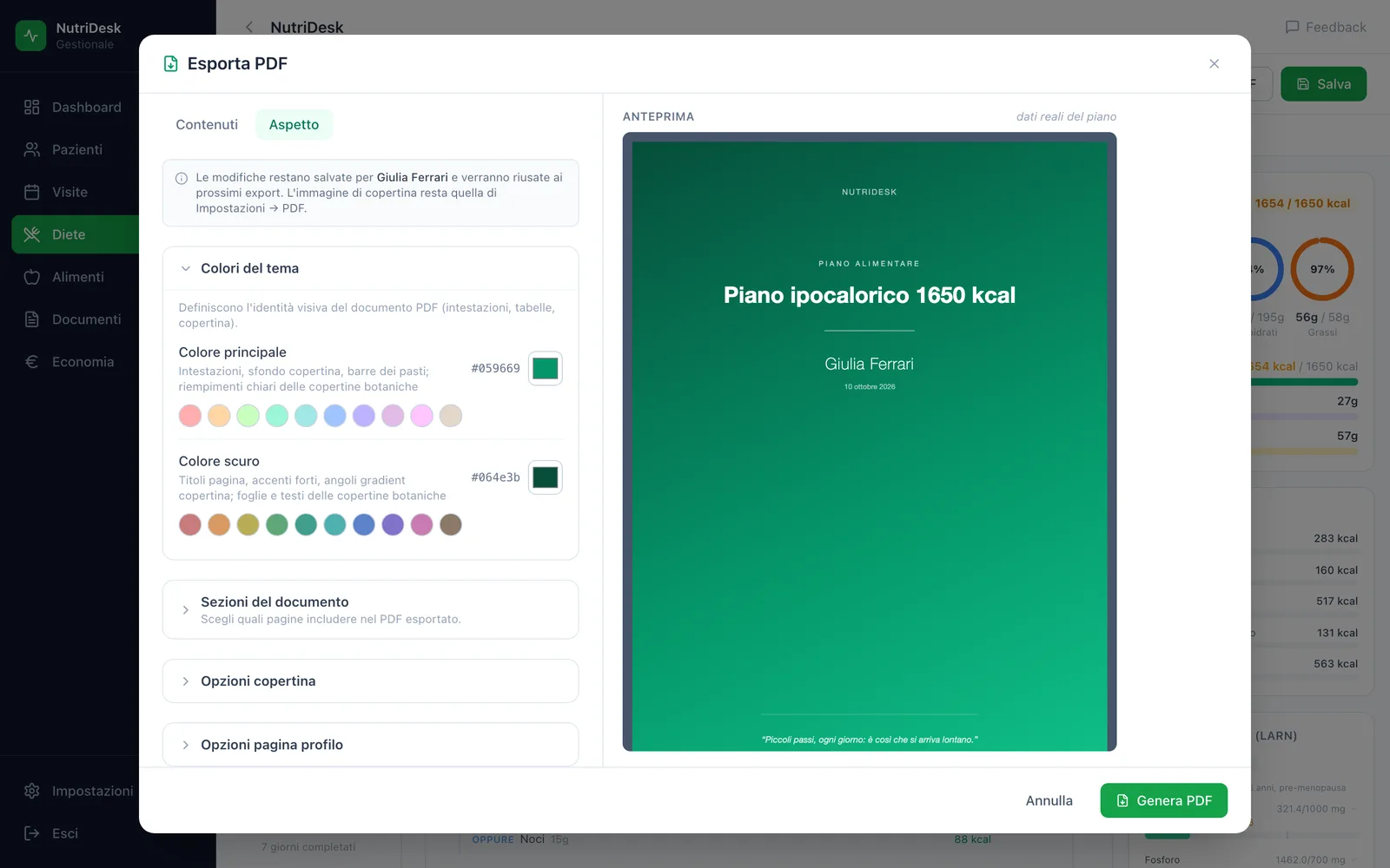Pannello Aspetto dell’esportazione PDF con colori del tema e anteprima