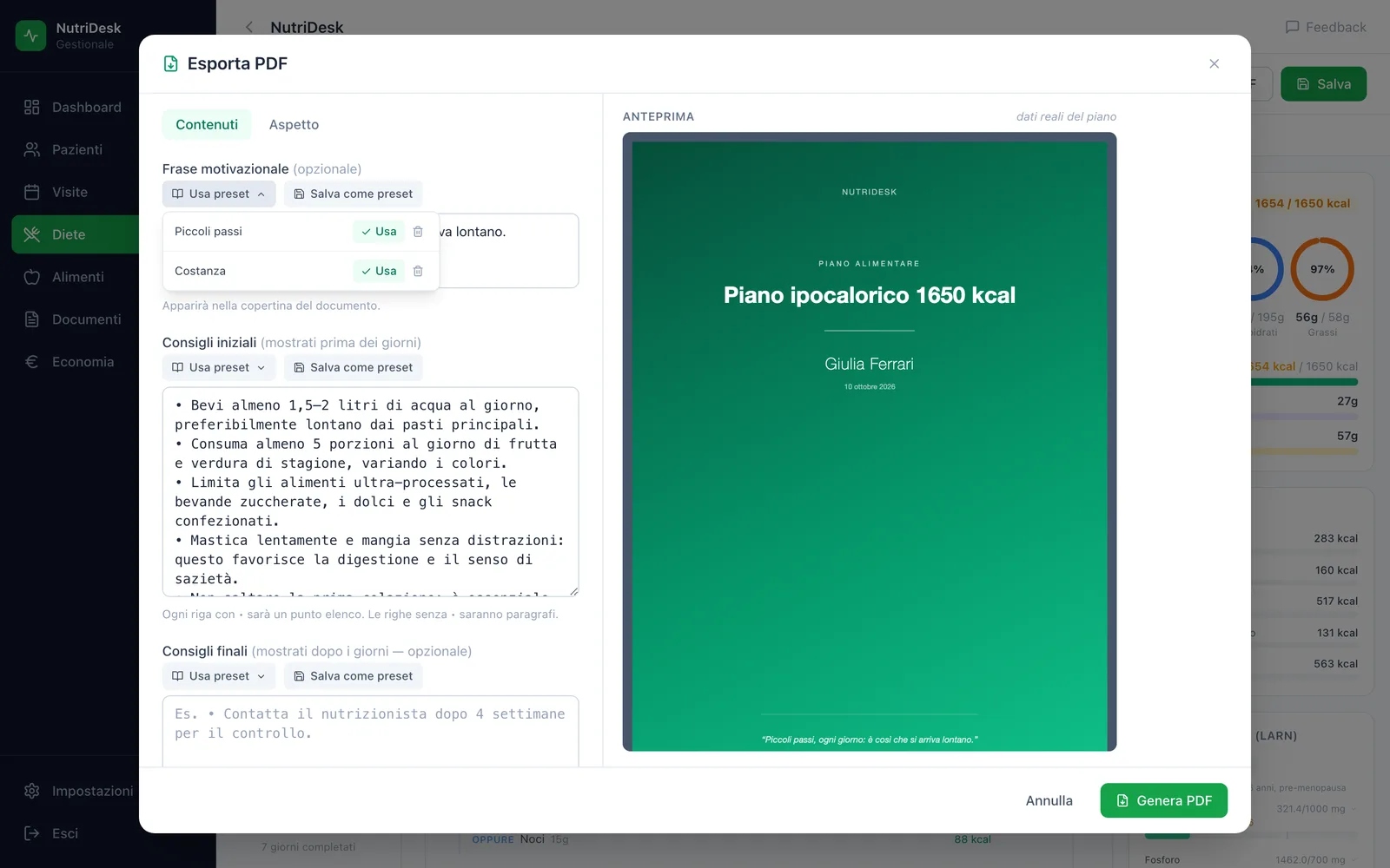 Consigli e frase motivazionale scelti dai preset nell’esportazione del PDF
